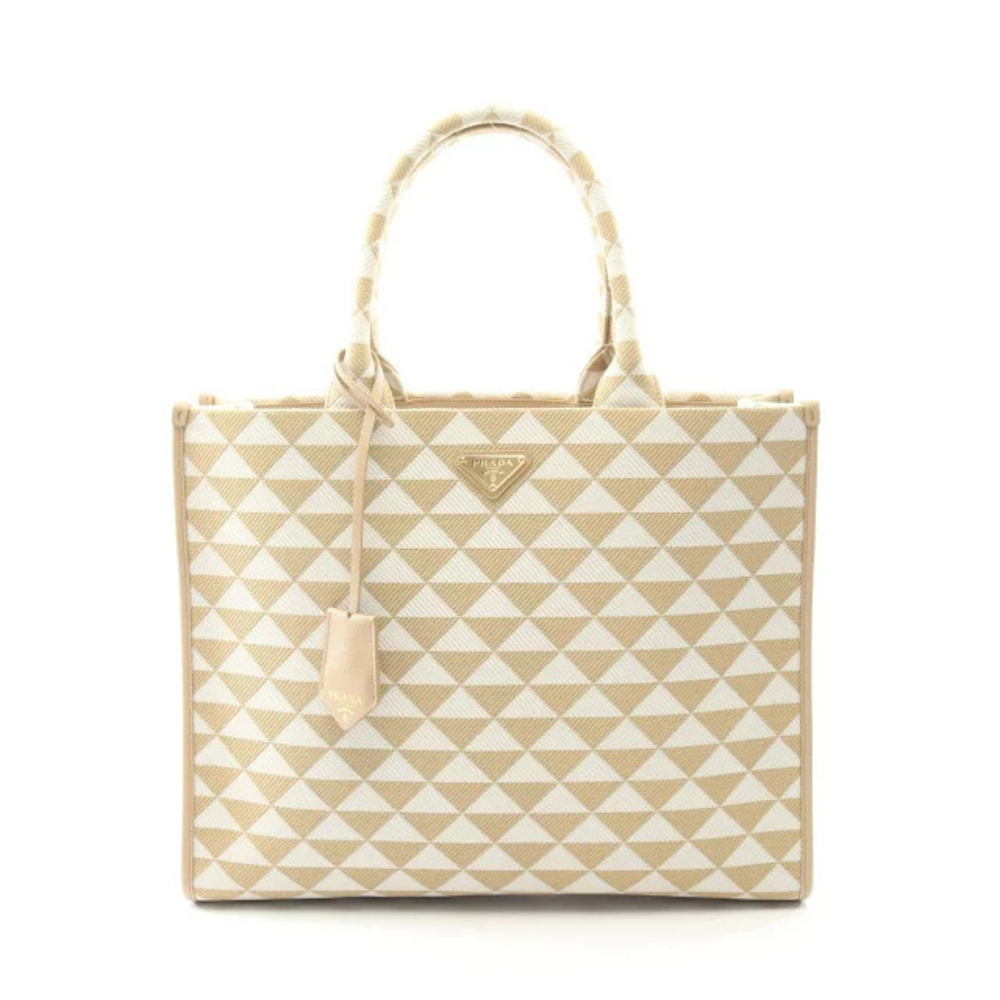 Prada TRIANGOLO JACQUARD Symbol Embroidery Tote Bag Canvas Beige Cream White